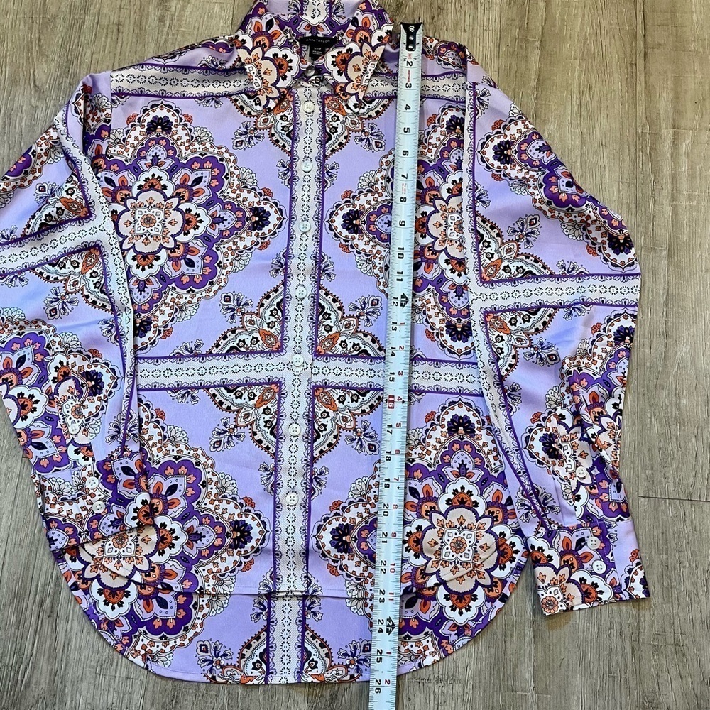 Ann Taylor XXSP Button Down Blouse Purple Oran  Pattern NWOT - Picture 8 of 11